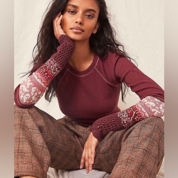 Free People Rio Vino thermal top crochet sleeve boho‎ size L NWT - Picture 1 of 8